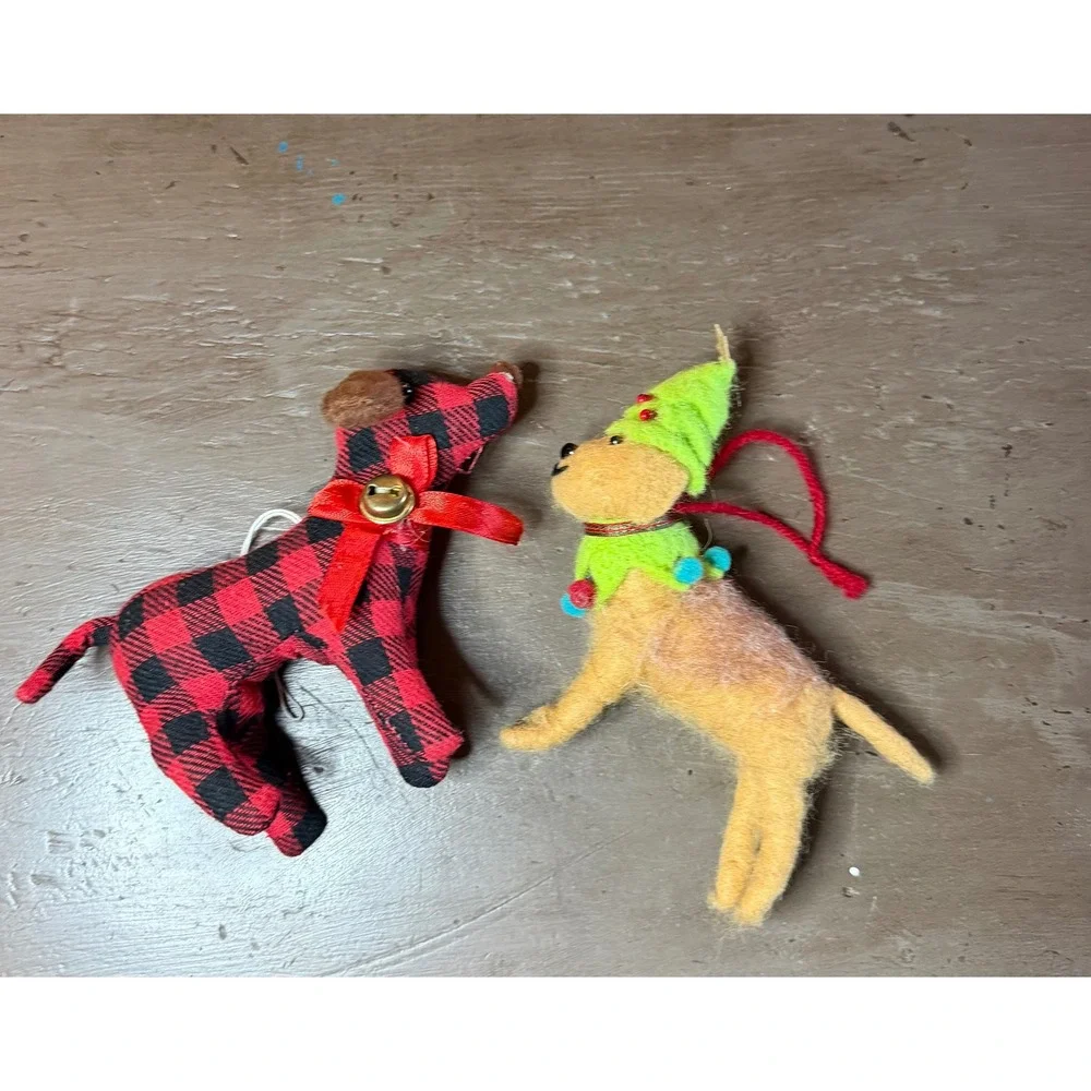 Cabin Christmas Dog Ornaments Buffalo Plaid & Felted Animal Set of 2 5in